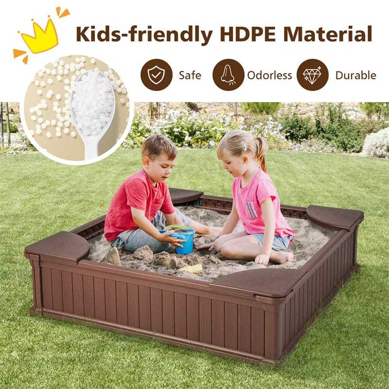 4FT Kids Sandbox, Weather Resistant HDPE Square Sand Pit with Oxford Cover & Bottom Liner for Outdoor Backyard, Lawn, Garden & Beach Play