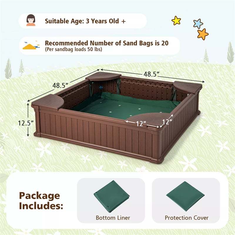 4FT Kids Sandbox, Weather Resistant HDPE Square Sand Pit with Oxford Cover & Bottom Liner for Outdoor Backyard, Lawn, Garden & Beach Play