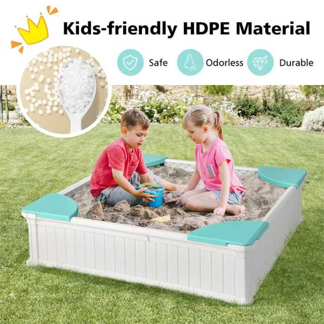 4FT Kids Sandbox, Weather Resistant HDPE Square Sand Pit with Oxford Cover & Bottom Liner for Outdoor Backyard, Lawn, Garden & Beach Play