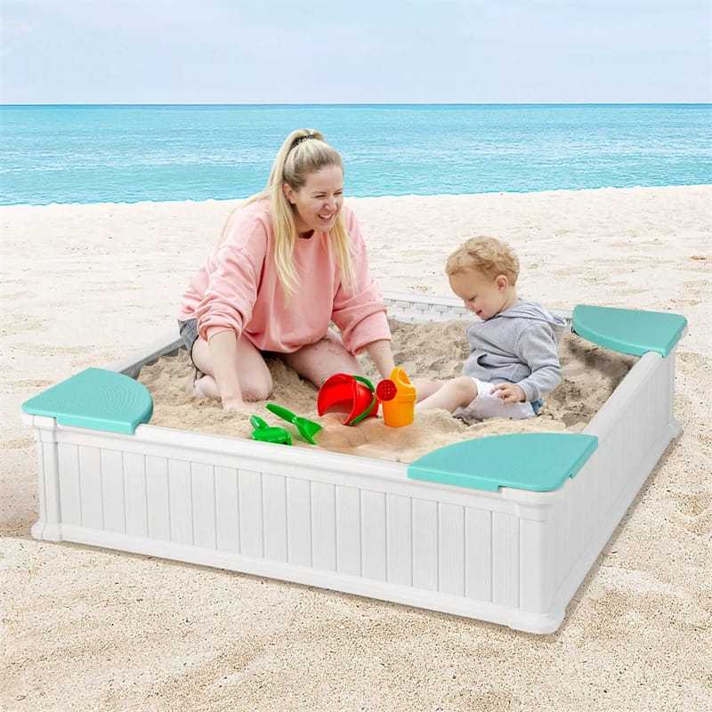 4FT Kids Sandbox, Weather Resistant HDPE Square Sand Pit with Oxford Cover & Bottom Liner for Outdoor Backyard, Lawn, Garden & Beach Play