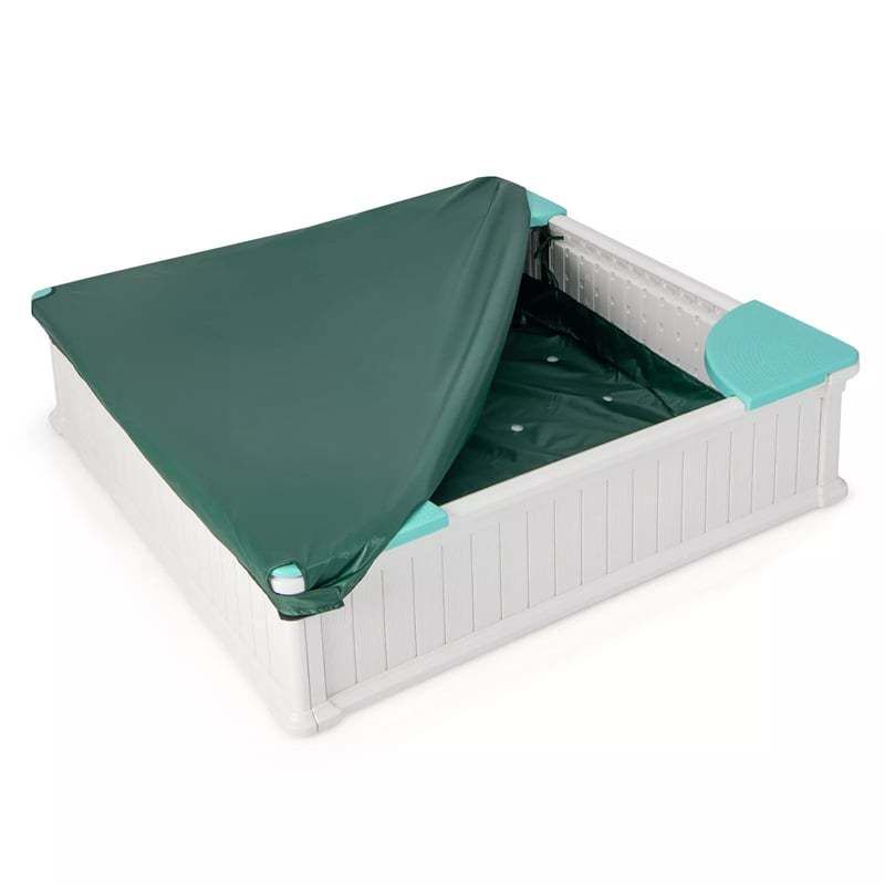 4FT Kids Sandbox, Weather Resistant HDPE Square Sand Pit with Oxford Cover & Bottom Liner for Outdoor Backyard, Lawn, Garden & Beach Play
