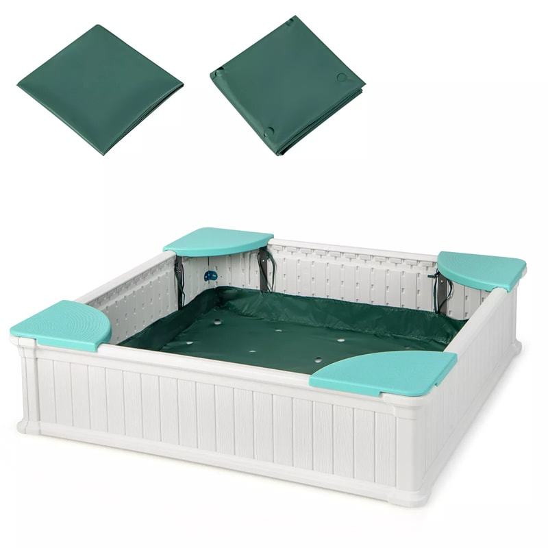 4FT Kids Sandbox, Weather Resistant HDPE Square Sand Pit with Oxford Cover & Bottom Liner for Outdoor Backyard, Lawn, Garden & Beach Play