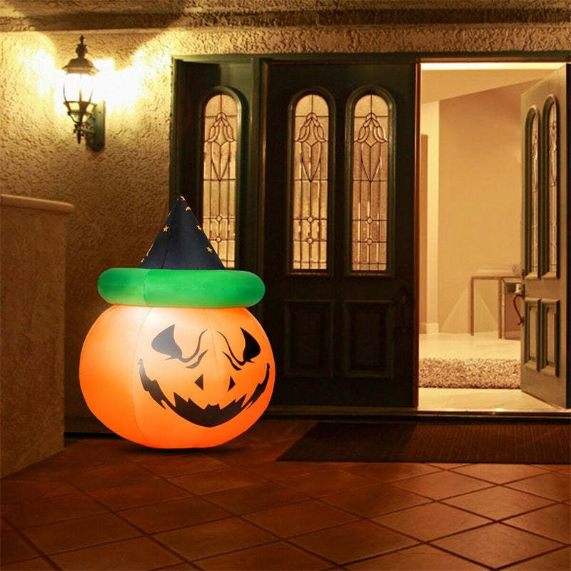 4 Ft LED Bulb Inflatable Pumpkin Blow-up Halloween Decoration with Witch Hat Smiling Face