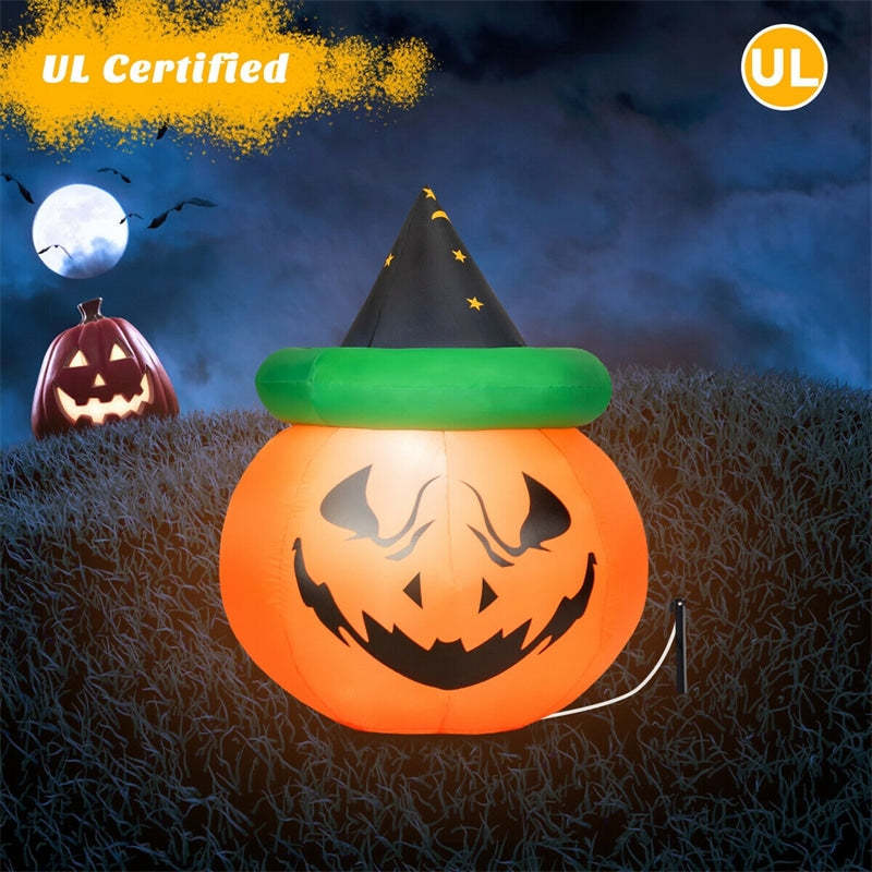 4 Ft LED Bulb Inflatable Pumpkin Blow-up Halloween Decoration with Witch Hat Smiling Face