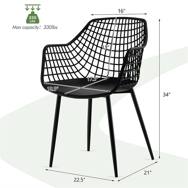 Modern Dining Chairs Set of 4 Plastic Shell Hollow Armchairs with 15" High Airy Hollow Backrests & Powder-Coated Metal Legs