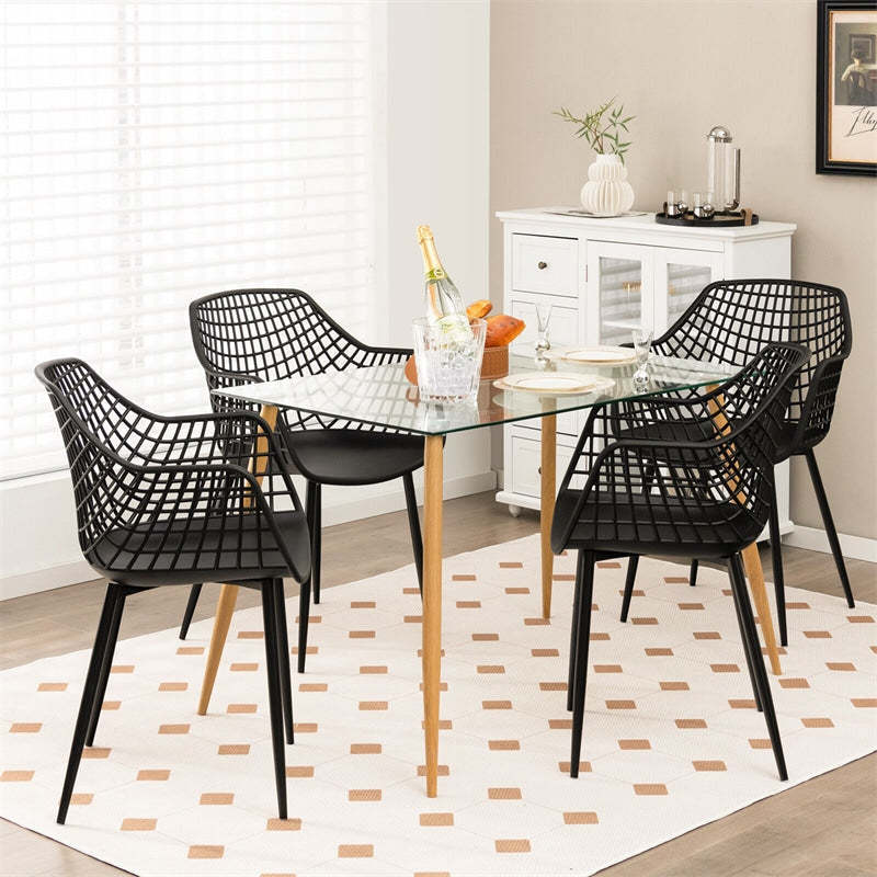 Modern Dining Chairs Set of 4 Plastic Shell Hollow Armchairs with 15" High Airy Hollow Backrests & Powder-Coated Metal Legs