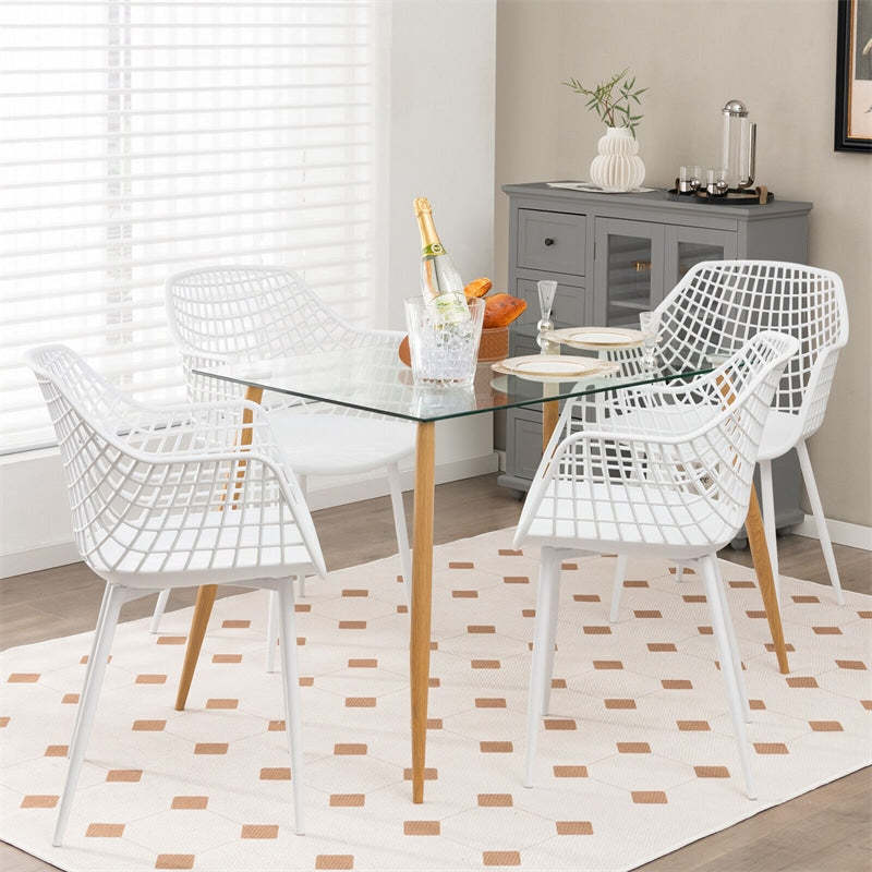 Modern Dining Chairs Set of 4 Plastic Shell Hollow Armchairs with 15" High Airy Hollow Backrests & Powder-Coated Metal Legs