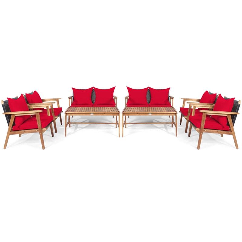 4 PCS Rattan Patio Chat Set Acacia Wood Coffee Table Chair Set with Seat Back Cushions