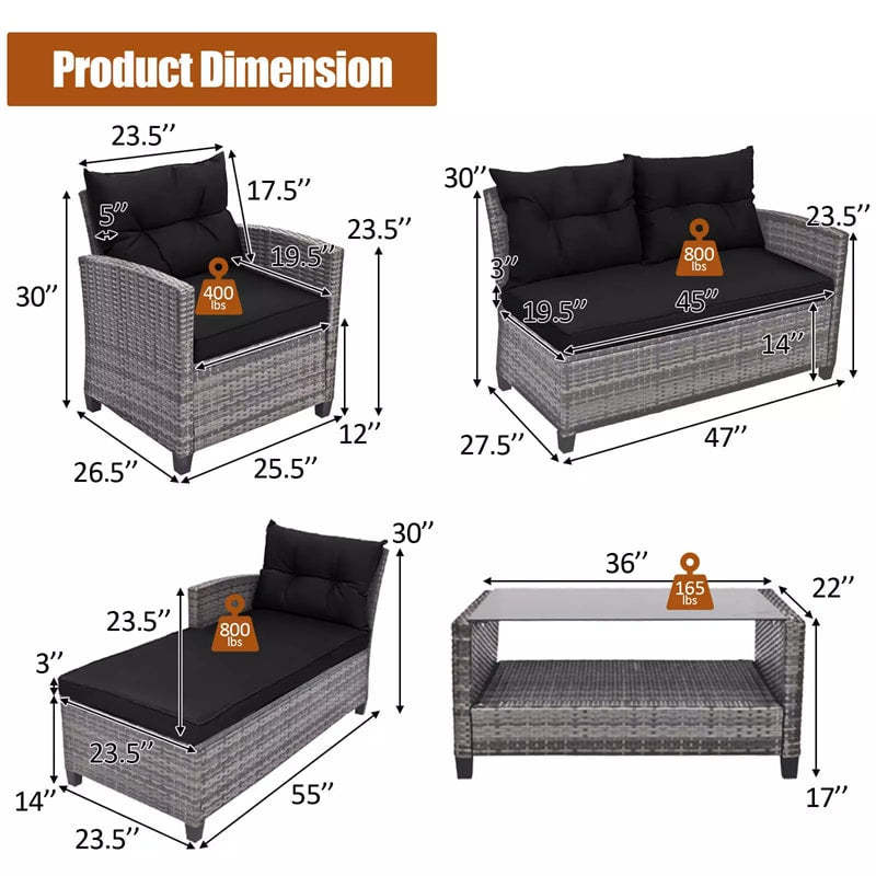 4-Piece Patio Rattan Conversation Set, Wicker Outdoor Sectional Sofa with 2-Tier Coffee Table & Cushions for Poolside, Backyard & Garden