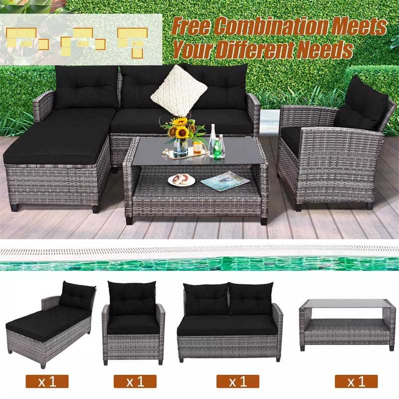 4-Piece Patio Rattan Conversation Set, Wicker Outdoor Sectional Sofa with 2-Tier Coffee Table & Cushions for Poolside, Backyard & Garden