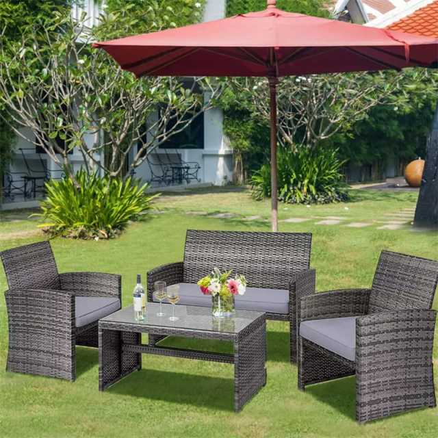 4-Piece Patio Wicker Conversation Set, Outdoor Rattan Sofa Chairs with Cushions & Tempered Glass Coffee Table for Balcony, Backyard, Garden