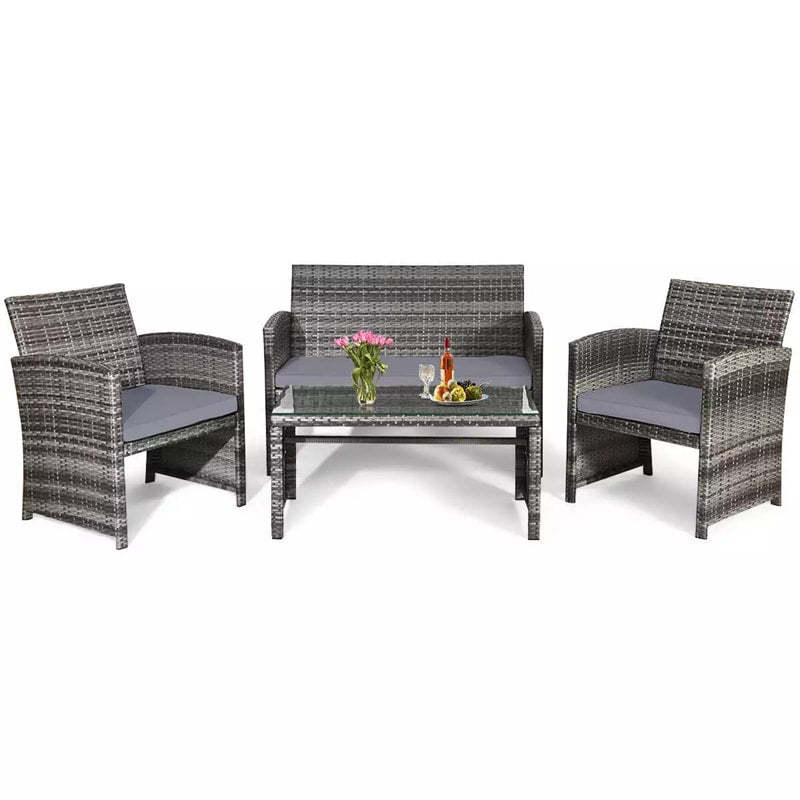 4-Piece Patio Wicker Conversation Set, Outdoor Rattan Sofa Chairs with Cushions & Tempered Glass Coffee Table for Balcony, Backyard, Garden