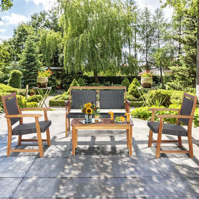 4PCS Patio Rattan Furniture Set Acacia Wood Frame with Coffee Table, Wicker Bench & Chairs, Outdoor Conversation Set for Garden Yard Poolside