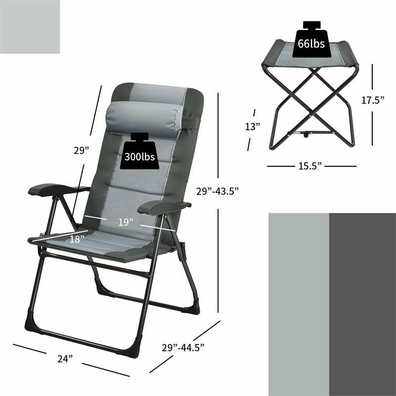 4 Pcs Folding Patio Chair Footstools Set Reclining Outdoor Chair with 7-Position Adjustable Backrest Headrest Mesh Bag