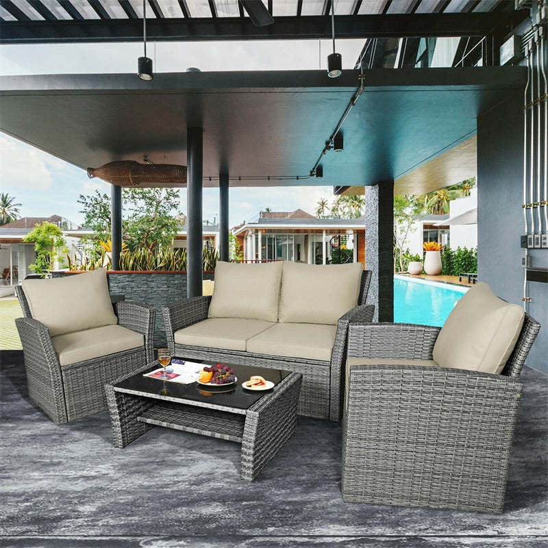 4PCS Patio Rattan Furniture Set Outdoor Conversation Set Wicker Sectional Loveseat Sofa with Cushions, Tempered Glass Table, Storage Shelf