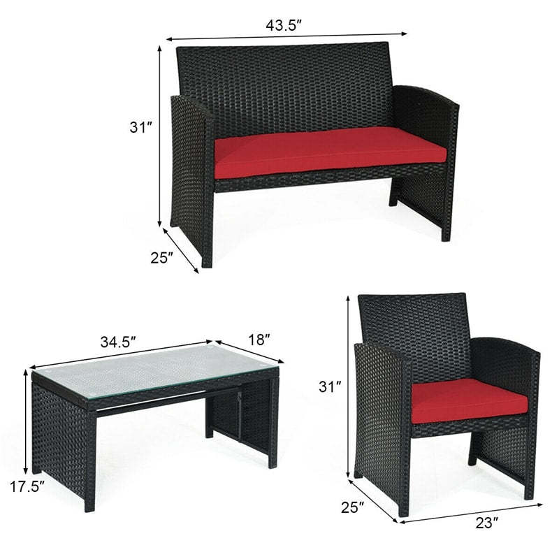 4-Piece Rattan Patio Furniture Set, Weather-Resistant Outdoor Wicker Conversation Sofa with Cushions & Tempered Glass Table for Backyard