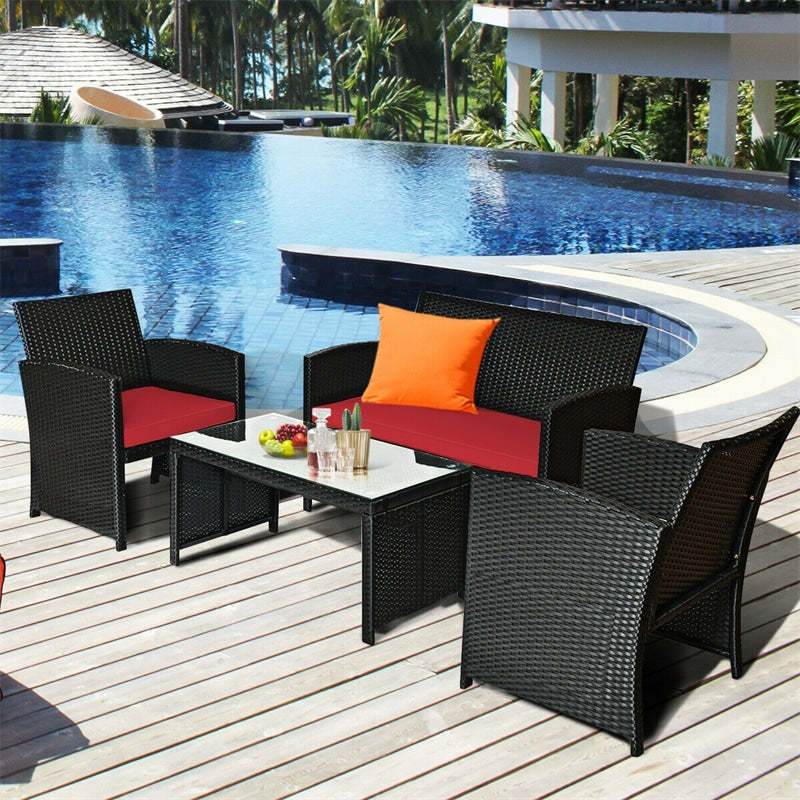 4-Piece Rattan Patio Furniture Set, Weather-Resistant Outdoor Wicker Conversation Sofa with Cushions & Tempered Glass Table for Backyard