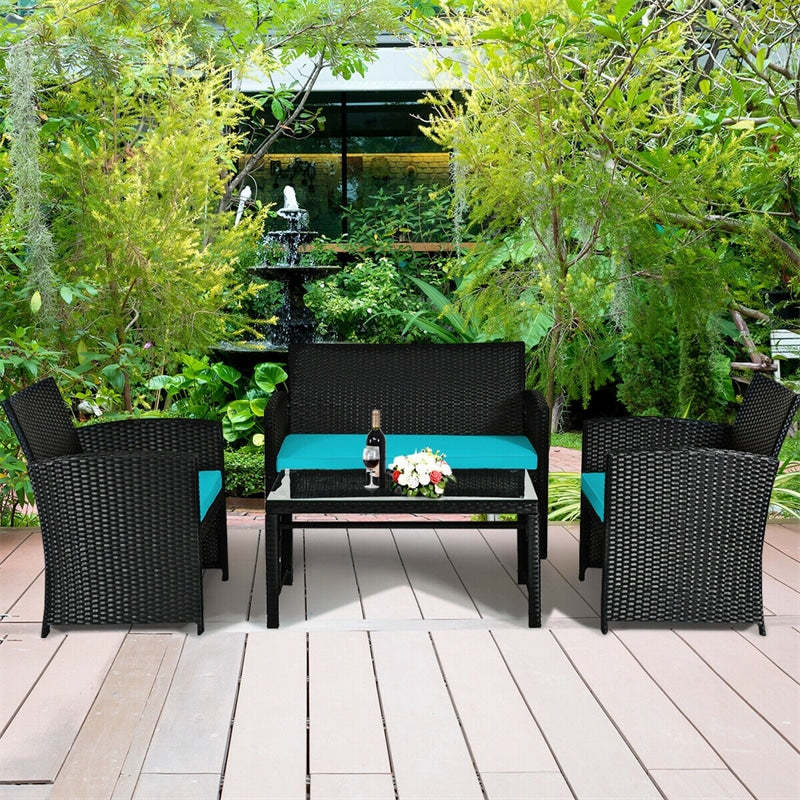 4-Piece Rattan Patio Furniture Set, Weather-Resistant Outdoor Wicker Conversation Sofa with Cushions & Tempered Glass Table for Backyard