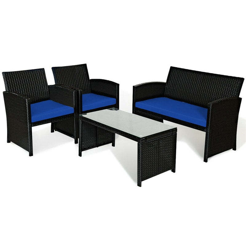 4-Piece Rattan Patio Furniture Set, Weather-Resistant Outdoor Wicker Conversation Sofa with Cushions & Tempered Glass Table for Backyard