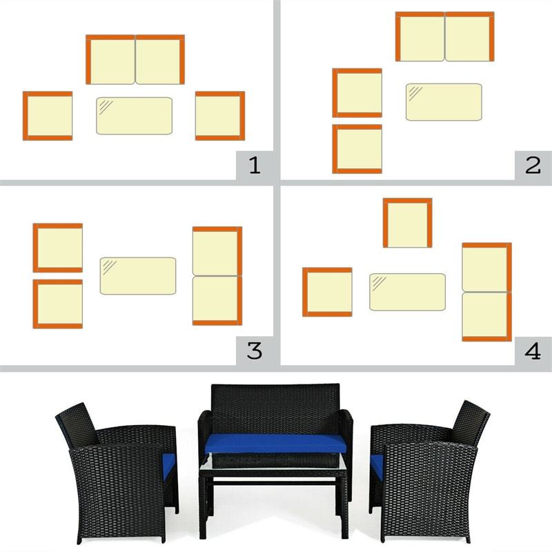 4-Piece Rattan Patio Furniture Set, Weather-Resistant Outdoor Wicker Conversation Sofa with Cushions & Tempered Glass Table for Backyard