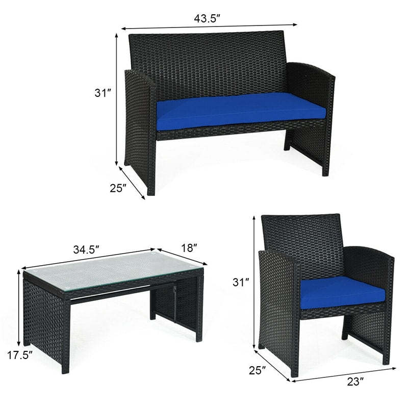 4-Piece Rattan Patio Furniture Set, Weather-Resistant Outdoor Wicker Conversation Sofa with Cushions & Tempered Glass Table for Backyard