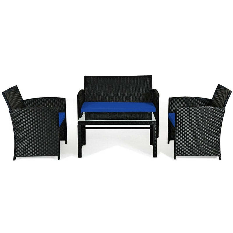 4-Piece Rattan Patio Furniture Set, Weather-Resistant Outdoor Wicker Conversation Sofa with Cushions & Tempered Glass Table for Backyard