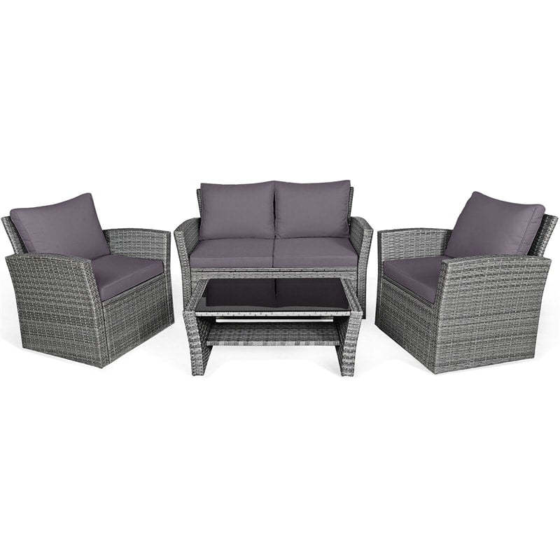 4PCS Patio Rattan Furniture Set Outdoor Conversation Set Wicker Sectional Loveseat Sofa with Cushions, Tempered Glass Table, Storage Shelf