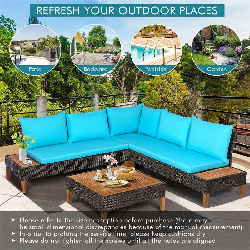4 Piece Acacia Wood Patio Furniture Set, Outdoor Rattan Sectional Sofa with Cushions, Loveseat, Side Table, Coffee Table for Backyard Garden