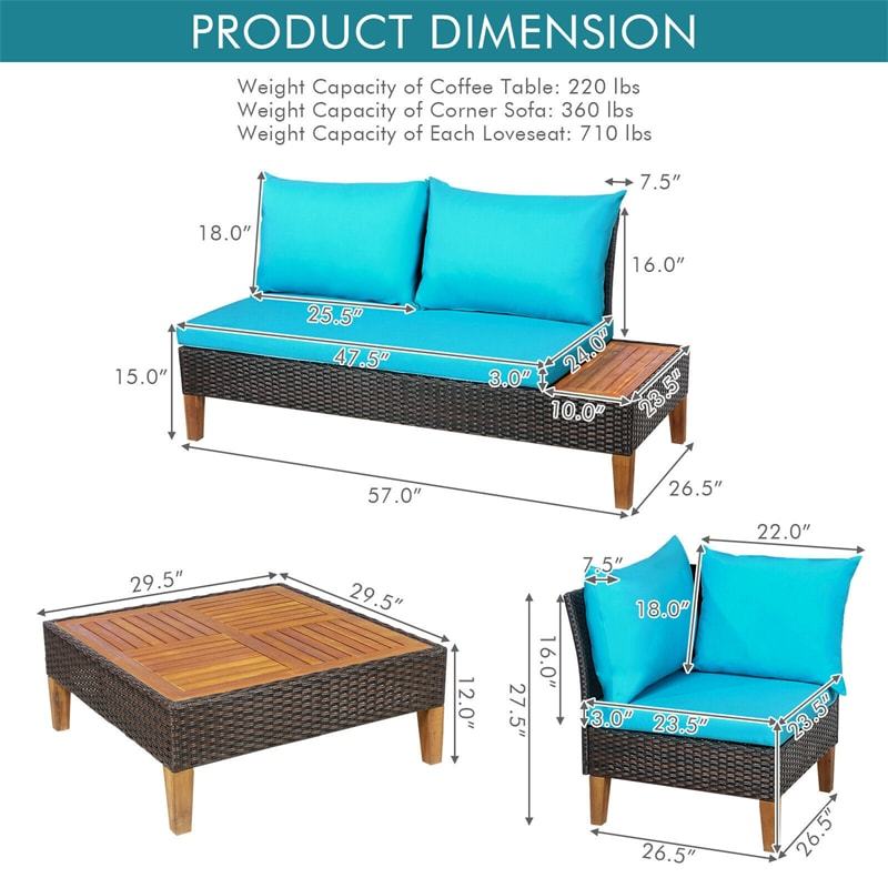 4 Piece Acacia Wood Patio Furniture Set, Outdoor Rattan Sectional Sofa with Cushions, Loveseat, Side Table, Coffee Table for Backyard Garden