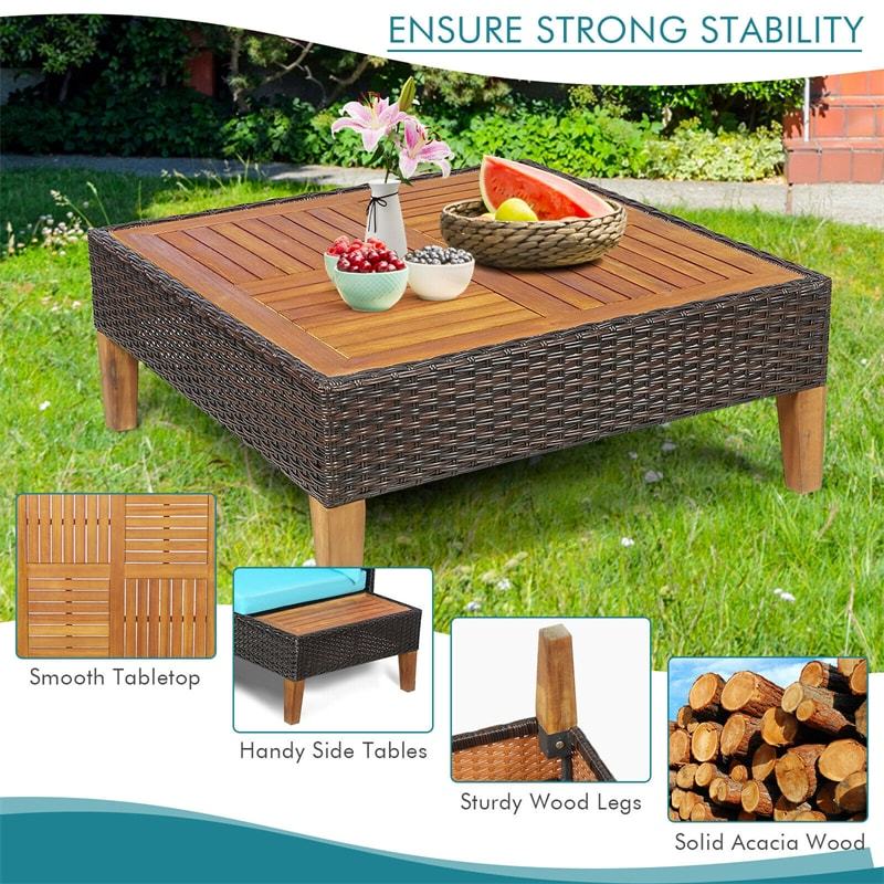 4 Piece Acacia Wood Patio Furniture Set, Outdoor Rattan Sectional Sofa with Cushions, Loveseat, Side Table, Coffee Table for Backyard Garden