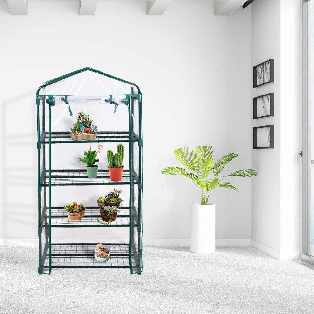 Mini Walk-in Greenhouse, Indoor Outdoor Portable Garden Greenhouse with Multi-Tier Shelves, Zippered Roll-Up Door, Metal Frame