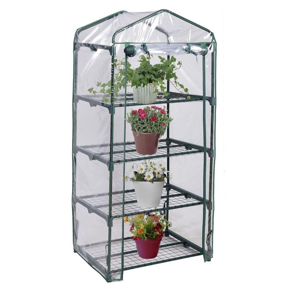 Mini Walk-in Greenhouse, Indoor Outdoor Portable Garden Greenhouse with Multi-Tier Shelves, Zippered Roll-Up Door, Metal Frame