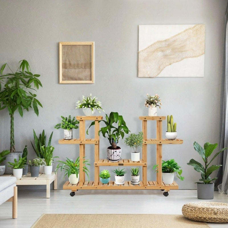 4 Tier Wood Plant Stand Rolling Flower Rack with 4 Wheels