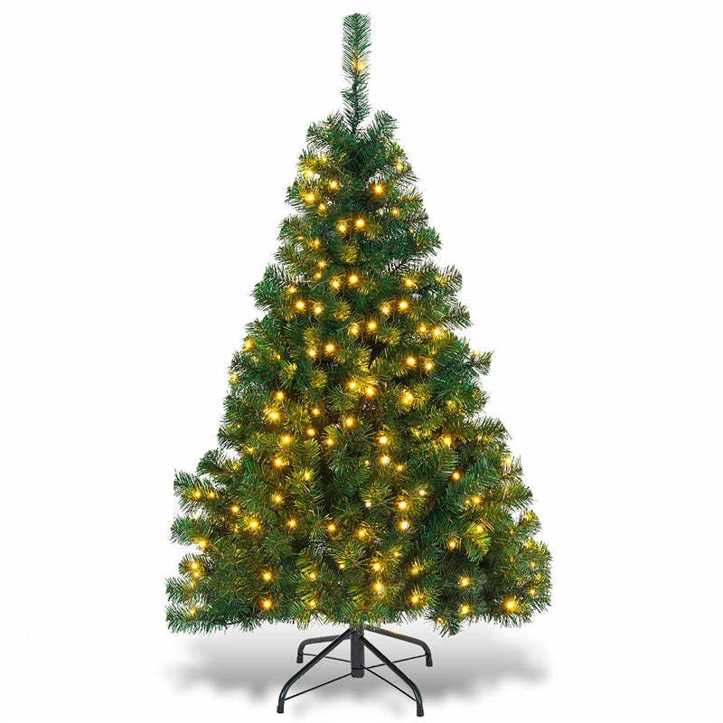 4.5ft Pre-lit Spruce Christmas Tree Hinged Artificial Xmas Tree with 200 LED Lights & Solid Metal Stand