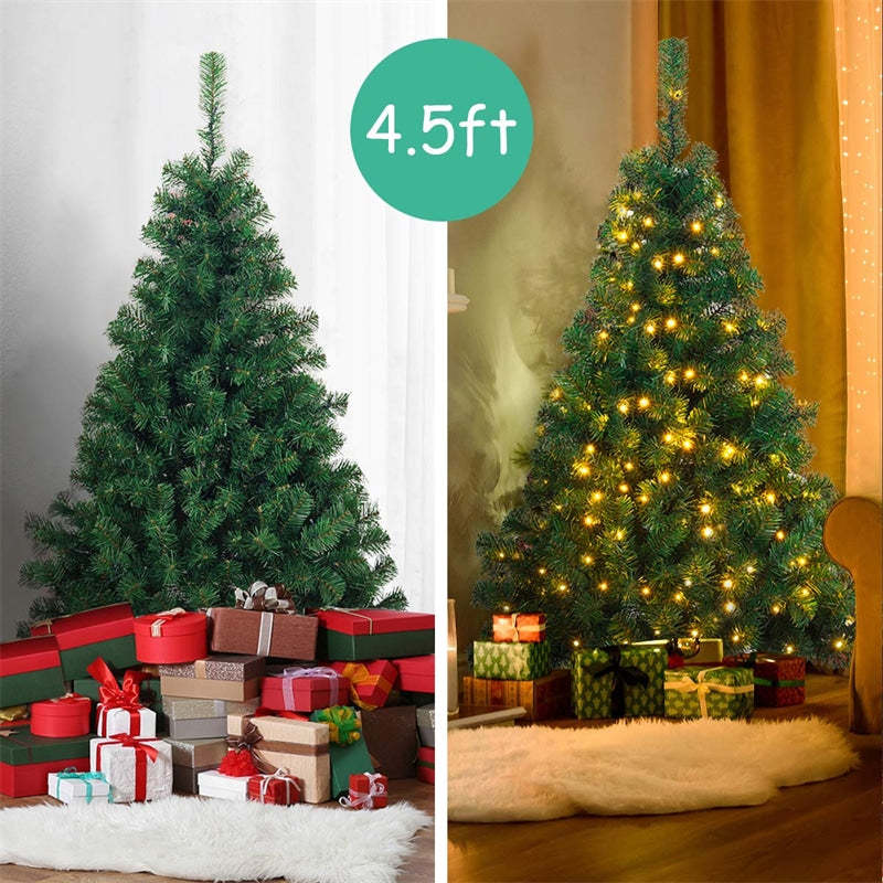 4.5ft Pre-lit Spruce Christmas Tree Hinged Artificial Xmas Tree with 200 LED Lights & Solid Metal Stand