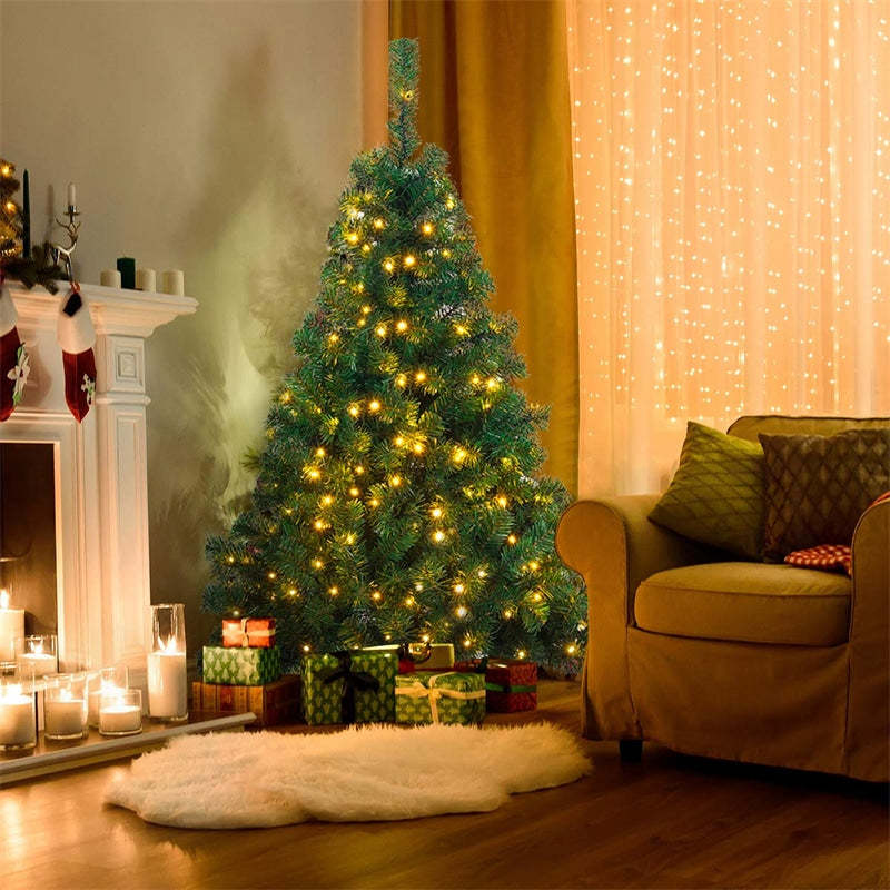 4.5ft Pre-lit Spruce Christmas Tree Hinged Artificial Xmas Tree with 200 LED Lights & Solid Metal Stand