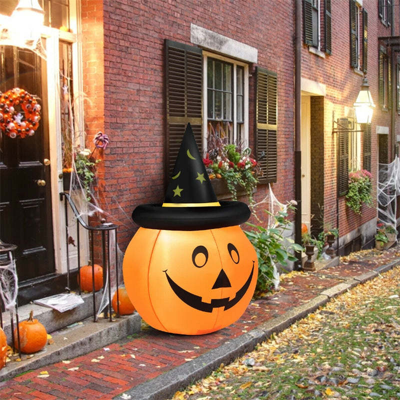 4' Halloween Inflatable Pumpkin Lantern with Witch Hat LED Light