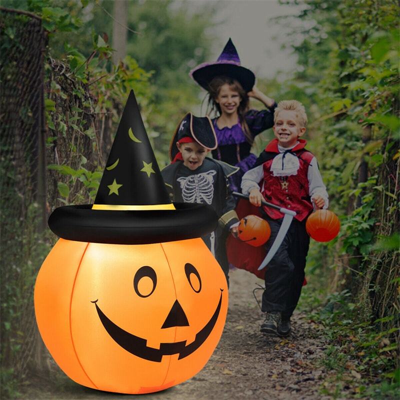 4' Halloween Inflatable Pumpkin Lantern with Witch Hat LED Light
