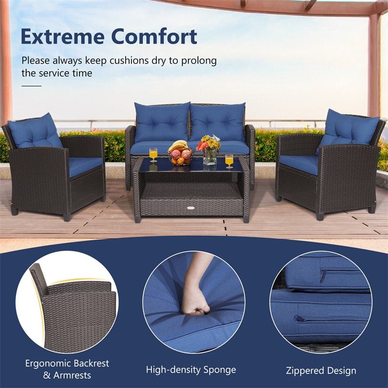 4 Piece Outdoor Rattan Furniture Set, Patio Conversation Set with Lower Shelf Coffee Table, Loveseat, 2 Cushioned Chairs for Garden Backyard