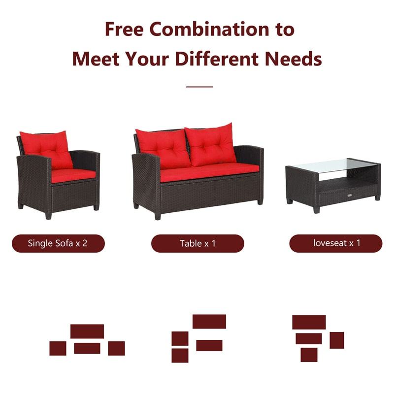 4 Piece Outdoor Rattan Furniture Set, Patio Conversation Set with Lower Shelf Coffee Table, Loveseat, 2 Cushioned Chairs for Garden Backyard