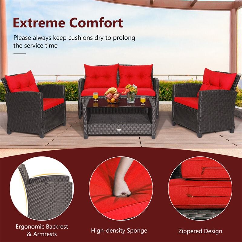 4 Piece Outdoor Rattan Furniture Set, Patio Conversation Set with Lower Shelf Coffee Table, Loveseat, 2 Cushioned Chairs for Garden Backyard