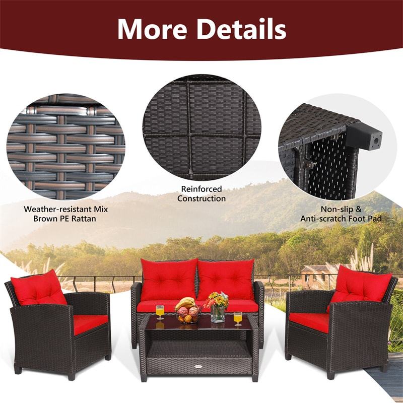 4 Piece Outdoor Rattan Furniture Set, Patio Conversation Set with Lower Shelf Coffee Table, Loveseat, 2 Cushioned Chairs for Garden Backyard