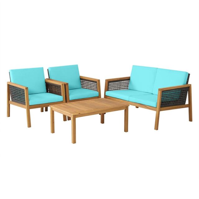4-Piece Acacia Wood Outdoor Furniture Set, Rattan Patio Sofa with Cushions & Coffee Table, PE Wicker Conversation Set for Garden & Backyard