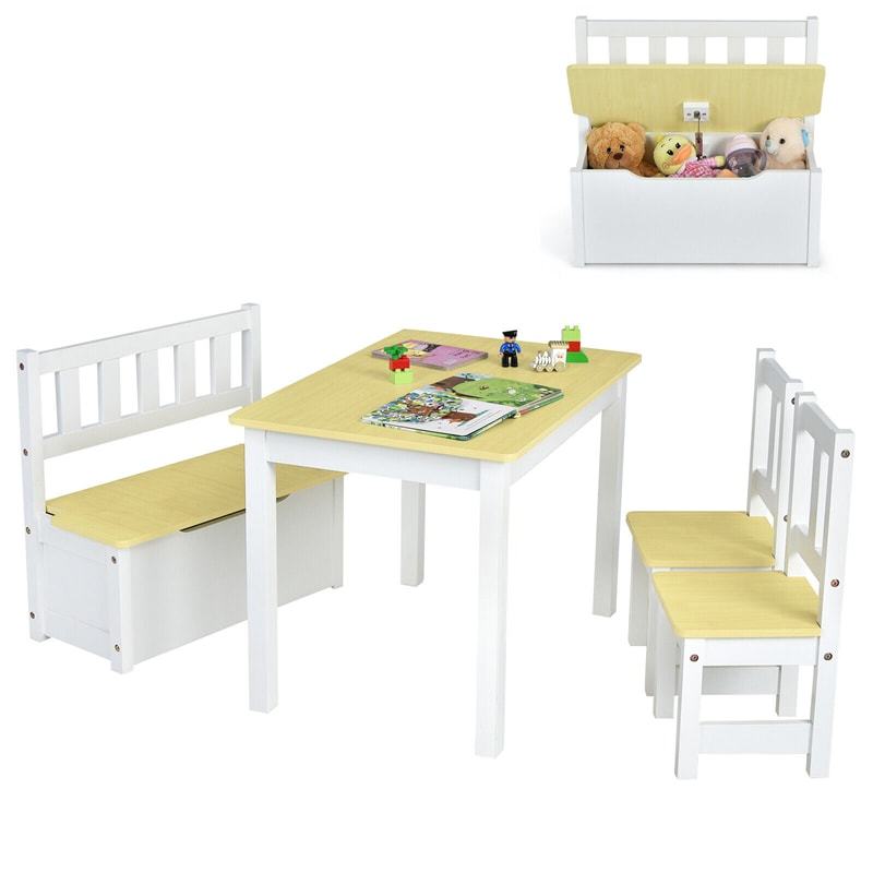 2-in-1 Kids Table & Chair Set, Wood Activity Table with Toy Storage Bench & 2 Chairs for Reading, Crafts, Playroom, Toddler Table and Chairs
