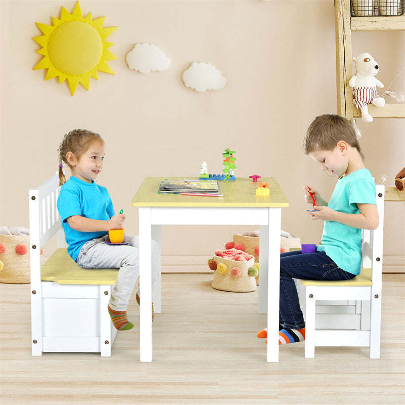 2-in-1 Kids Table & Chair Set, Wood Activity Table with Toy Storage Bench & 2 Chairs for Reading, Crafts, Playroom, Toddler Table and Chairs