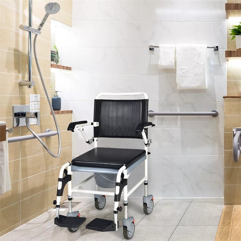4-in-1 Bedside Commode Shower Chair with Lockable Wheels & Detachable Bucket, Height Adjustable Mobile Toilet Chair for Elderly & Adults