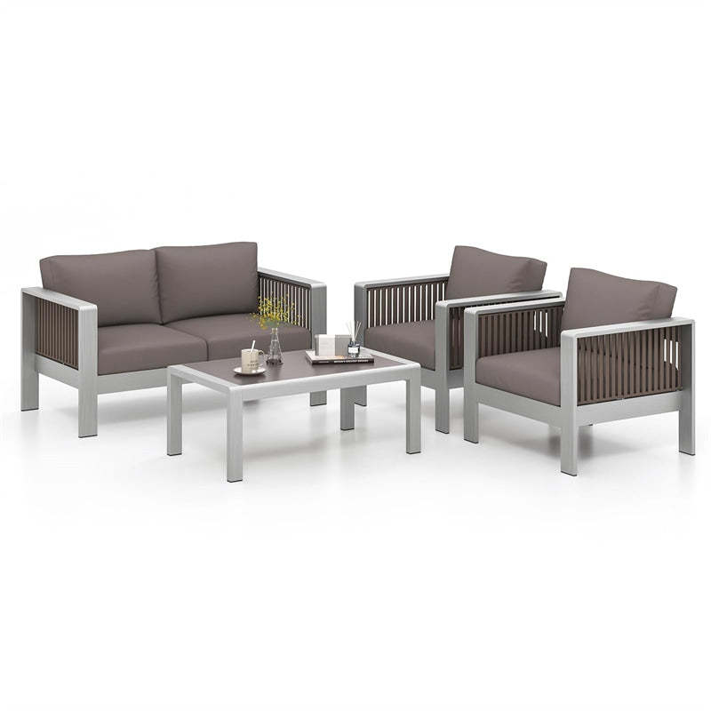 4 Piece Aluminum Patio Furniture Set with Loveseat, Armchairs, Thick Cushions & Tempered Glass Top Table, All-weather Outdoor Lounge Furniture Set