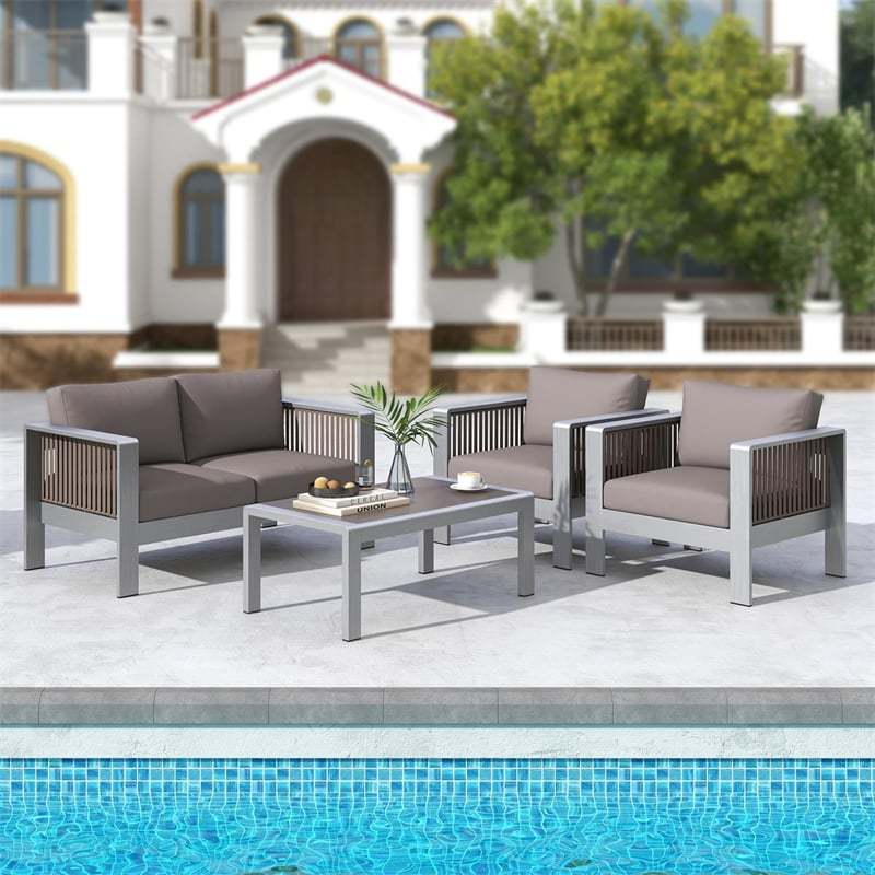 4 Piece Aluminum Patio Furniture Set with Loveseat, Armchairs, Thick Cushions & Tempered Glass Top Table, All-weather Outdoor Lounge Furniture Set