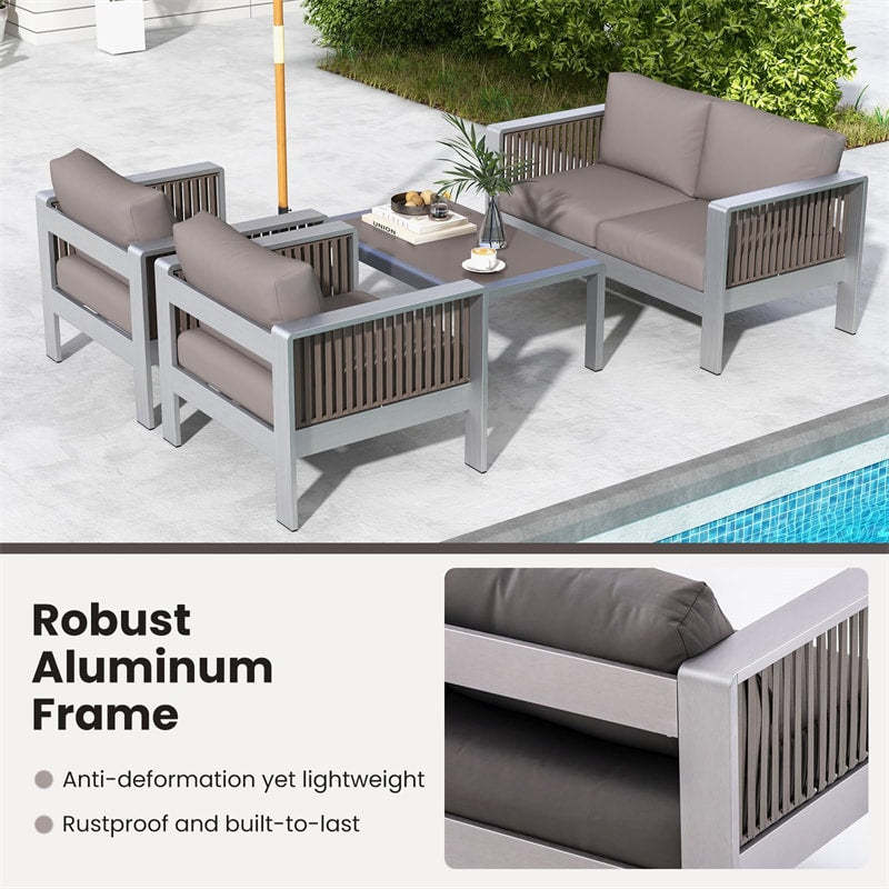 4 Piece Aluminum Patio Furniture Set with Loveseat, Armchairs, Thick Cushions & Tempered Glass Top Table, All-weather Outdoor Lounge Furniture Set