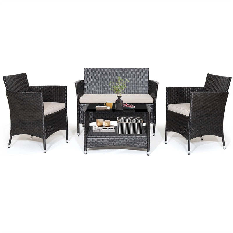 4 Pieces PE Rattan Patio Furniture Set Outdoor Wicker Conversation Set with 2-Tier Coffee Table & Soft Cushions